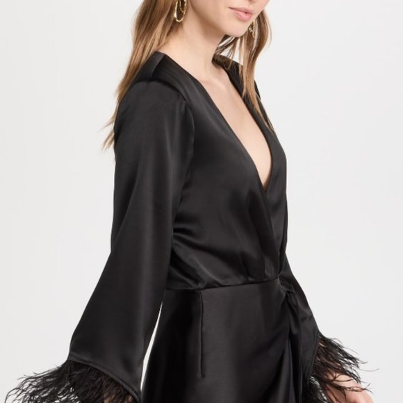 WAYF Ostrich Feather Trim Wrap Mini Dress Black Satin LBD Size XS - Picture 3 of 4